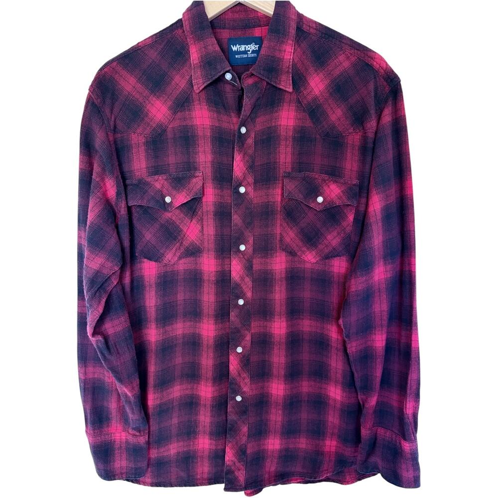 Wrangler Western Flannel Shirt Mens Large Red Black Plaid Snap Button